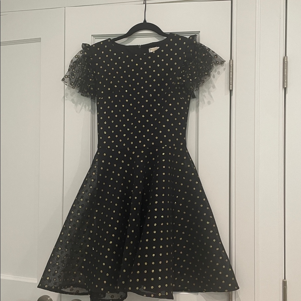 Elegant Black and Gold Polka Dot Kids Dress, David Charles